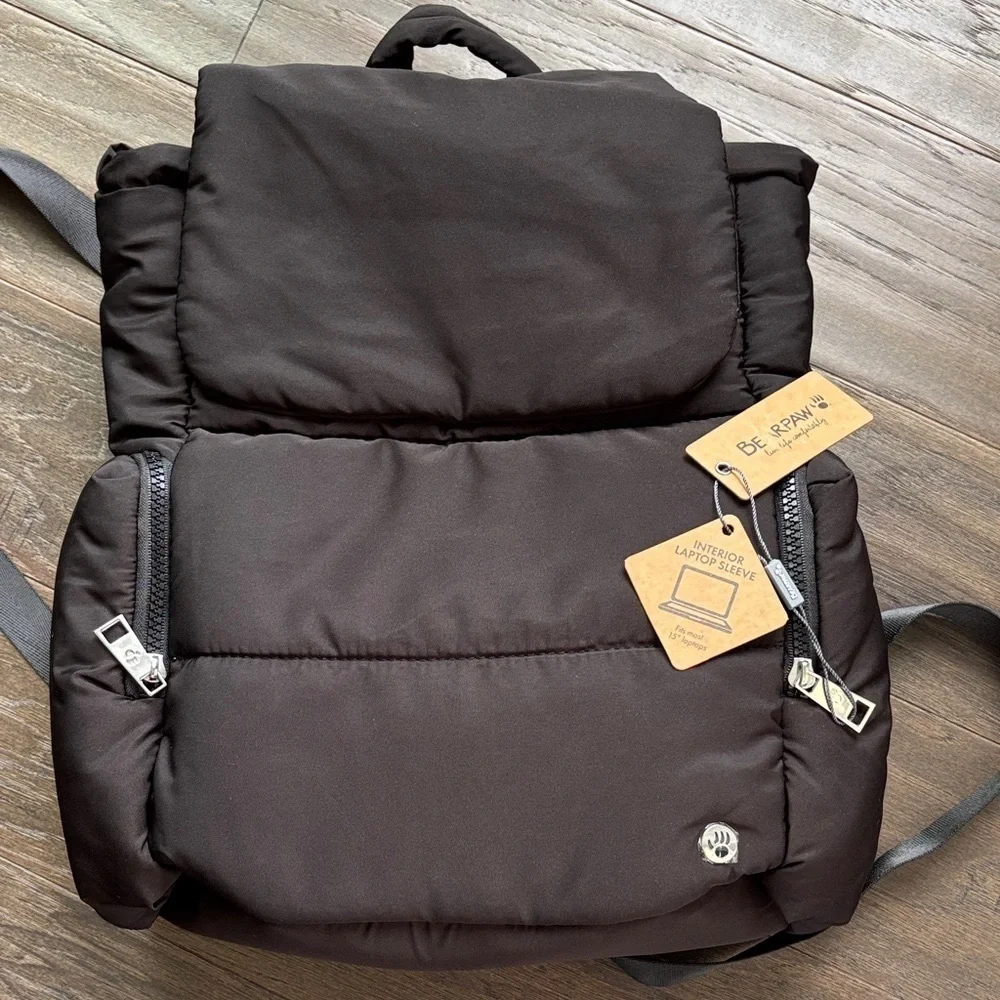 Bearpaw Puffer Flap Top Snap & bungee pull,side zip pockets,padded laptop sleeve